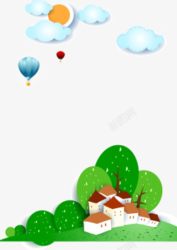 热气球图蓝天白云小房子高清图片