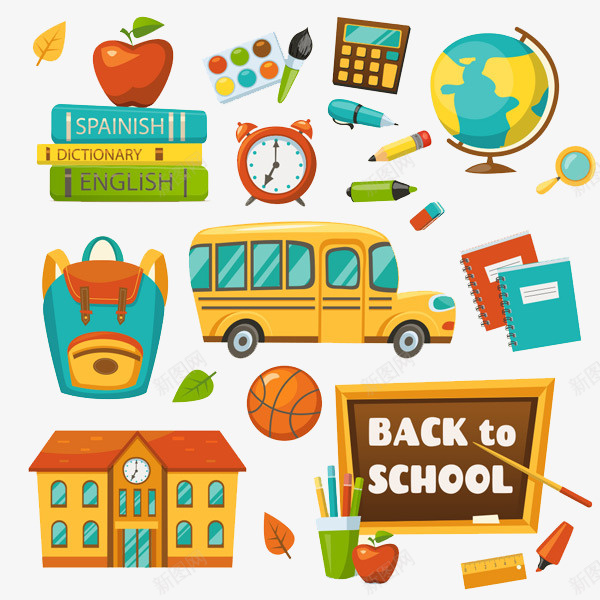 彩色卡通上课学习用品png免抠素材_88icon https://88icon.com 上课了 书本 卡通 地球仪 多款彩色卡通学习用品 学习 学校 工具 彩色笔 放大镜 教育 校车 笔记本 篮球 背包 课本 调色盘 闹钟 黑板