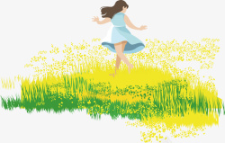 春天踏青草地奔跑的女孩插图素材