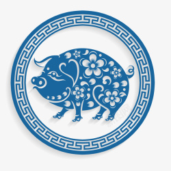 花纹圆盘蓝色青花瓷猪年圆盘元素高清图片