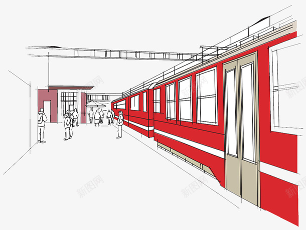 手绘插图火车站站台png免抠素材_88icon https://88icon.com 列车 手绘车站 手绘车站月台 火车站站台 站台 红色列车 送别