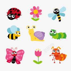 手绘昆虫可爱昆虫和花卉矢量图高清图片