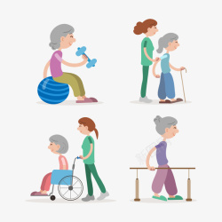 帮助推轮椅手绘敬老院老人日常插画矢量图高清图片