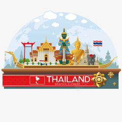 蓝色唯美龙舟泰国城市建筑手绘矢量图高清图片