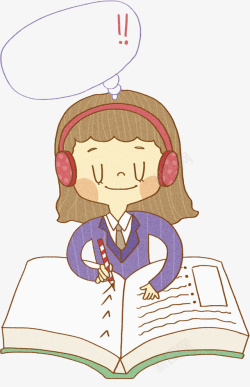 学生作业听着音乐看书的女生高清图片