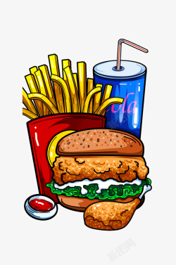 水彩汉堡手绘薯条汉堡可乐美食聚餐插画高清图片