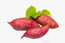 淀粉实物食品三个红皮红薯叶子图高清图片