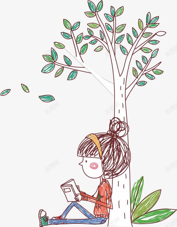 坐在树下读书的女孩矢量图ai免抠素材_88icon https://88icon.com 卡通人物 学习 彩绘 读书 读书的人 矢量图