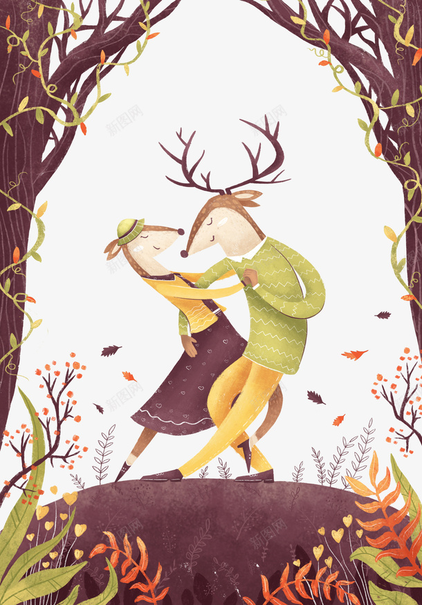 森林中跳舞的小鹿png免抠素材_88icon https://88icon.com 动物 卡通手绘 小鹿 情侣 树木 树林 森林 植物 装饰图 跳舞姿势