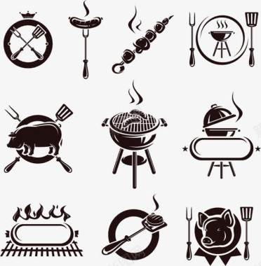 餐具黑白手绘烧烤元素矢量图图标图标
