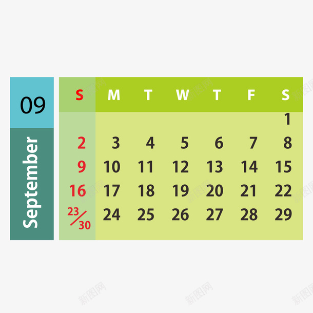 蓝绿色2019年9月日历png免抠素材_88icon https://88icon.com 2019年 9月 9月日历 日历 红色 绿色 蓝色