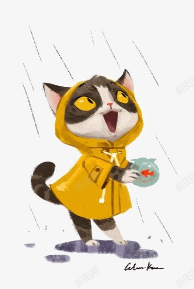 猫咪png免抠素材_88icon https://88icon.com 创意 卡通 可爱 手绘 红色金鱼 雨衣 鱼缸