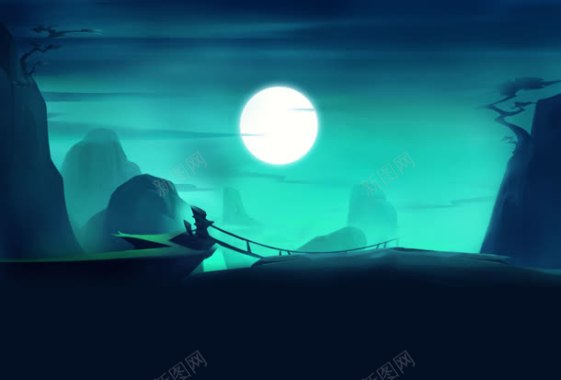 月下绿色小桥山峦海报背景动漫游戏背景