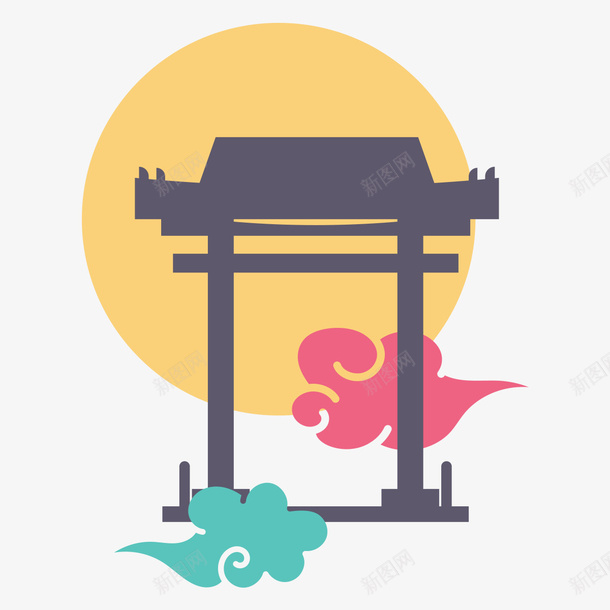 中秋节插画png免抠素材_88icon https://88icon.com png图形 png装饰 中秋节 古代牌楼 手绘 祥云 装饰 门楼