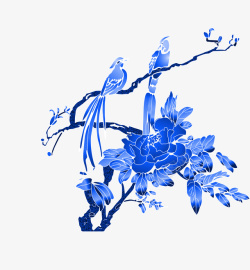 青花瓷色彩的牡丹和鸟素材