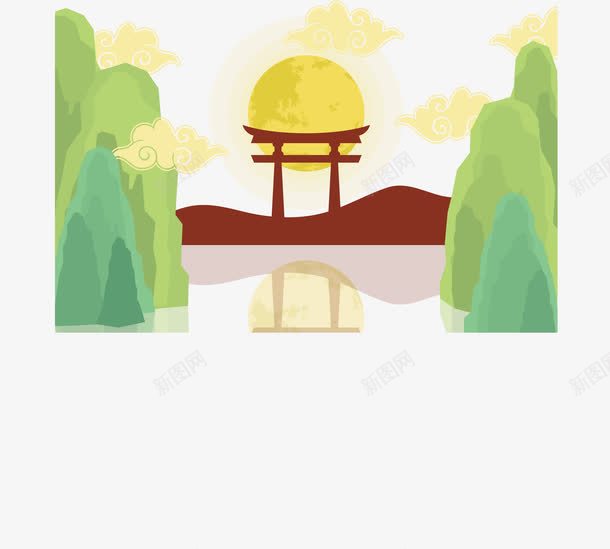 山水png免抠素材_88icon https://88icon.com 亭子 卡通 山峰 手绘 绿色