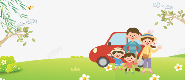 绿色卡通清新春游海报bannerpsd免抠素材_88icon https://88icon.com 亲子游 卡通 春游 柳树 汽车 清新 绿色 草地