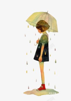 卡通立绘彩绘打着雨伞女孩素材