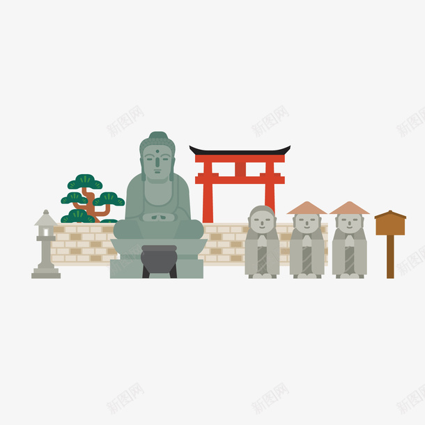 可爱寺庙佛像手绘png免抠素材_88icon https://88icon.com 个性 佛像 可爱 手绘矢量 松树 灰色 石像 简约插图 红门