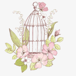 手绘鸟笼粉色花朵鸟笼唯美手绘矢量图高清图片