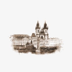 布拉格古典欧洲建筑水墨画高清图片