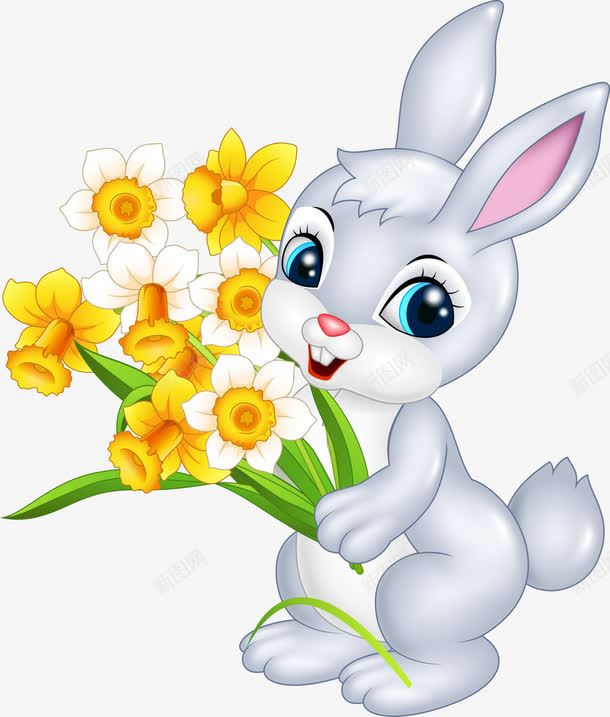 拿着花的小兔子png免抠素材_88icon https://88icon.com 免抠PNG 卡通 可爱 小动物 手绘兔子 灰色兔子 超级可爱 野兔 鲜花