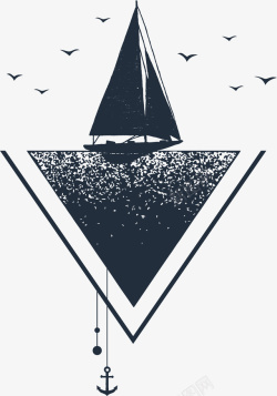 黑白海鸥帆船黑白花臂图案高清图片