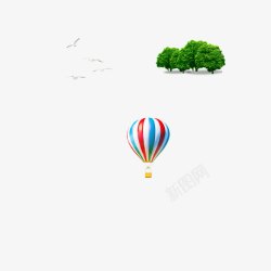 热气球树木丛大雁飞翔素材