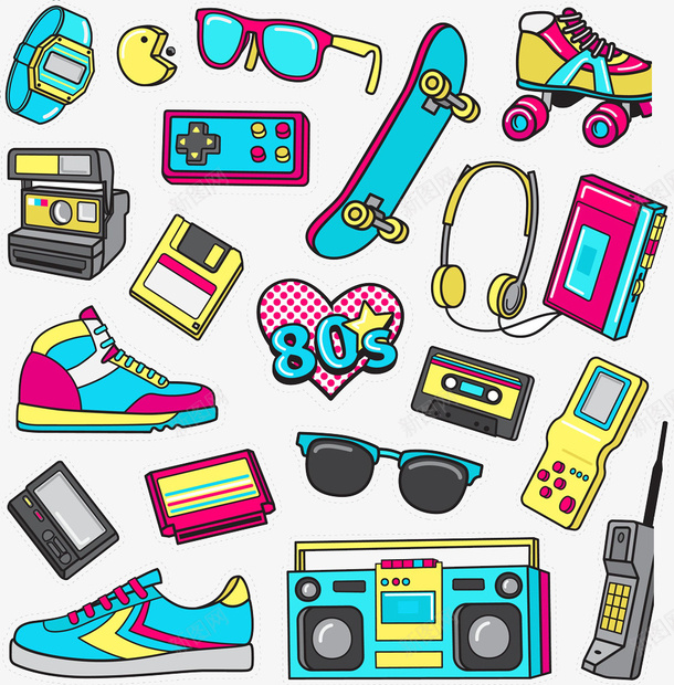手绘百货商品png免抠素材_88icon https://88icon.com 卡通 可爱 彩色游戏机 手绘 收音机 游戏机 眼睛 磁带 运动鞋
