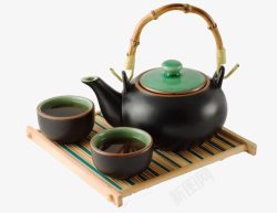 两个茶杯一个茶壶黑色带竹盘素材