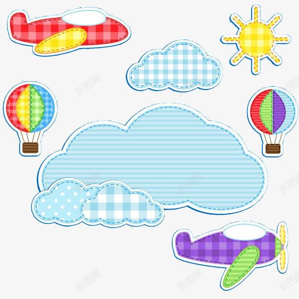 天空飞机png免抠素材_88icon https://88icon.com 卡通热气球 小太阳 小飞机 蓝色云朵