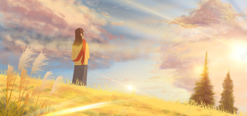 阳光下看云的少女手绘背景