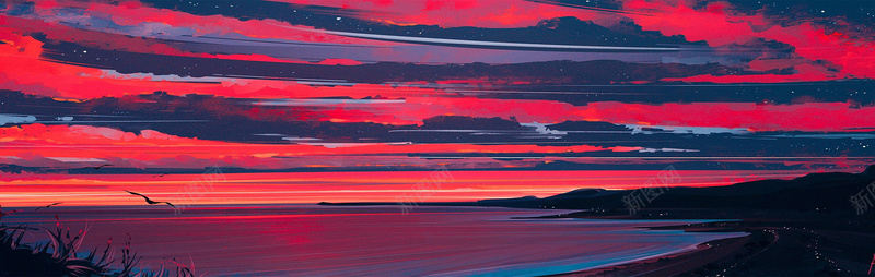 手绘油画彩色天空山河背景