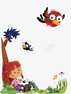 小鸟插图卡通靠着树坐在草地上的女孩高清图片