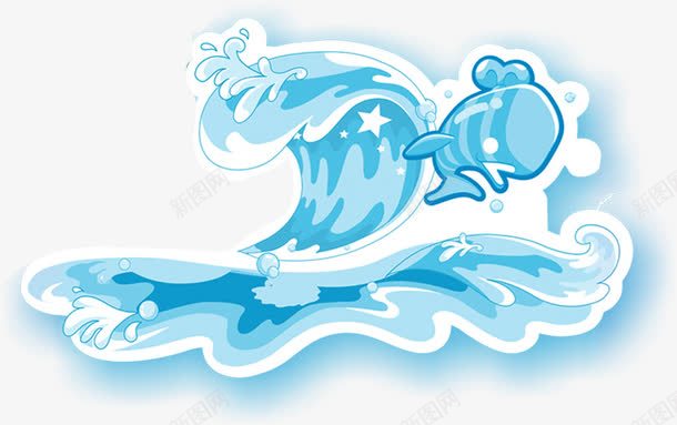 蓝色海浪png免抠素材_88icon https://88icon.com 卡通海浪 手绘鱼 浪花 跃出水面的鱼 鱼