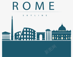 蓝绿色罗马城市剪影矢量图素材