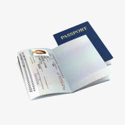 翻开的护照实例和蓝色封面护照素材
