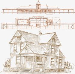 建筑图纸背景手绘别墅户型效果图高清图片