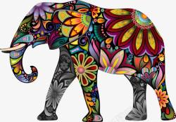 手绘彩色花朵大象图案矢量图素材