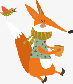 日韩插画彩色狐狸喝水森林动物卡通插画素矢量图高清图片