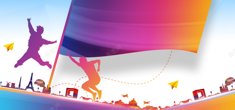 彩色渐变简约招聘bannerpsd设计背景_88icon https://88icon.com 人物剪影 小 建筑 招聘 文艺 海报banner 渐变 碎片 简约 蓝色 跑步