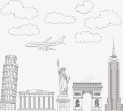 自由女神像插画飞机飞往世界各地旅游景点线稿高清图片