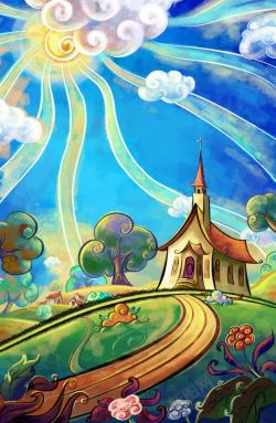 欧洲小镇油画森林中的教堂油画高清图片