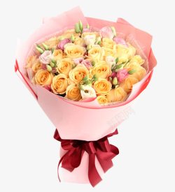 装饰红绸粉色卡纸包裹的黄玫瑰花束高清图片
