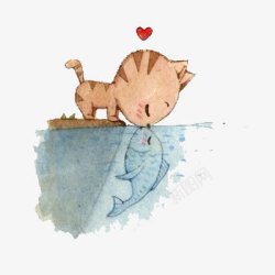 卡通粉色鳐鱼配饰人物卡通可爱猫咪和鱼高清图片