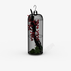 黑色鸟笼玫瑰树枝黑色中式鸟笼装饰高清图片