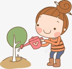 卡通手绘浇树的女孩素材