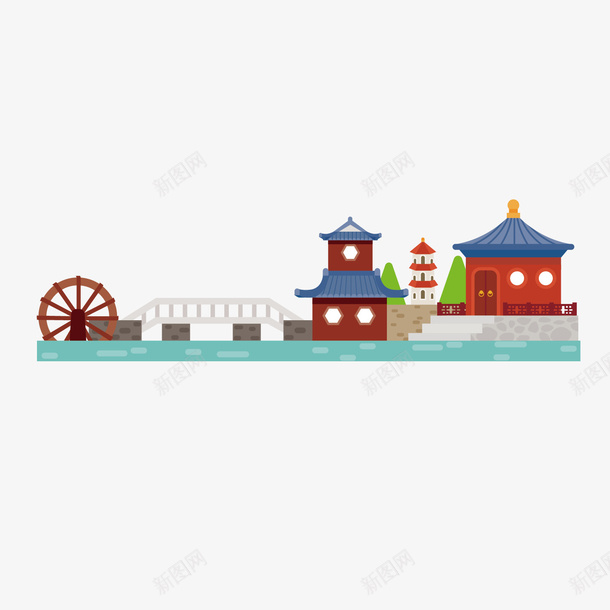 传统建筑手绘矢量图ai免抠素材_88icon https://88icon.com 个性 传统 古代建筑 房子 手绘矢量 水车 河流 简约插图 矢量图