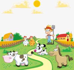 卡通郊外房屋风景卡通农场农夫和小动物风景素高清图片