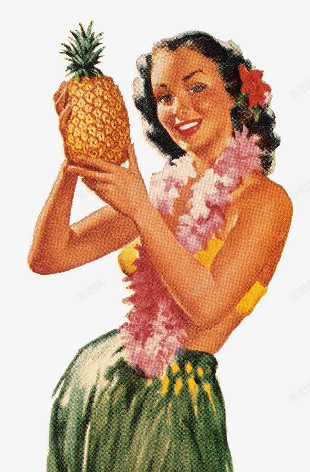 复古夏威夷插画png免抠素材_88icon https://88icon.com 80年代 妇女 美国 草裙 菠萝